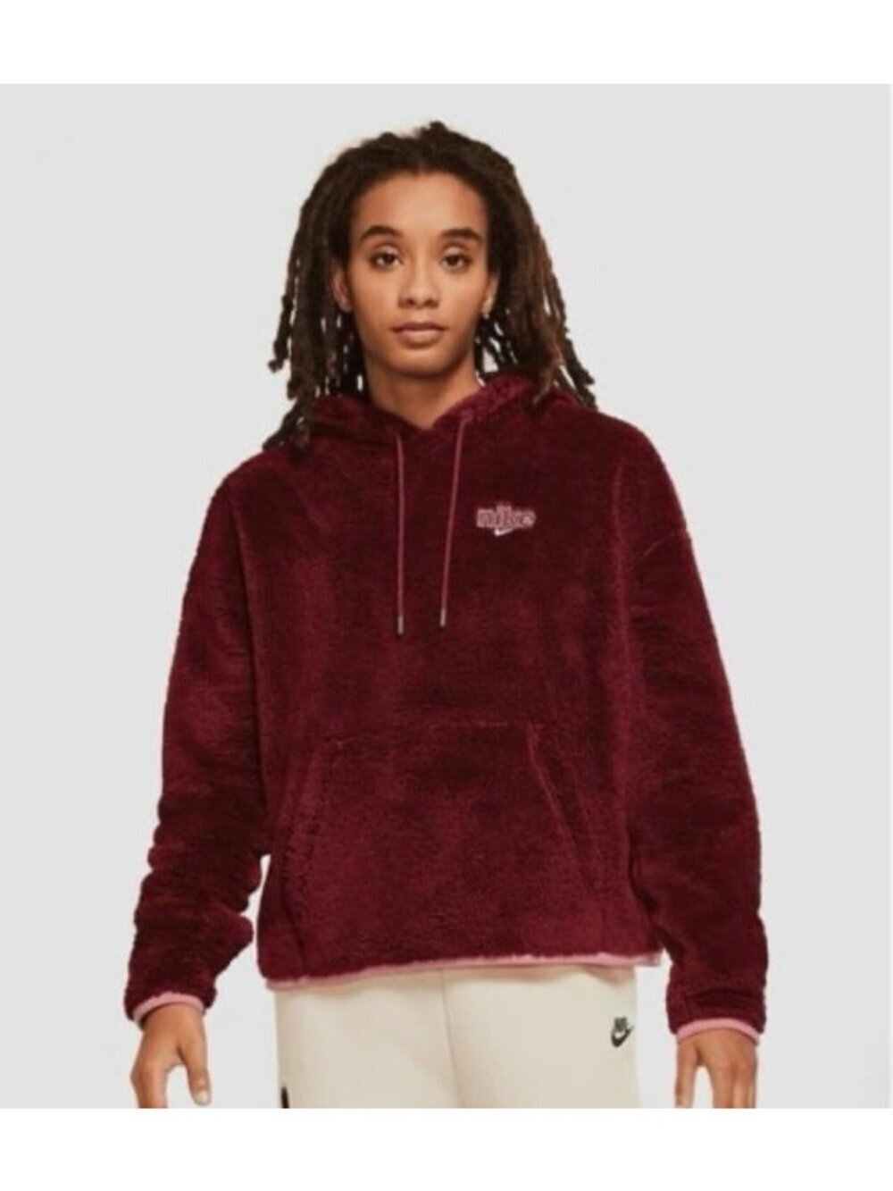 Nike Women's Sz M Burgundy Plush Fleece Hoodie w/ Pink Nike Logo CU6425